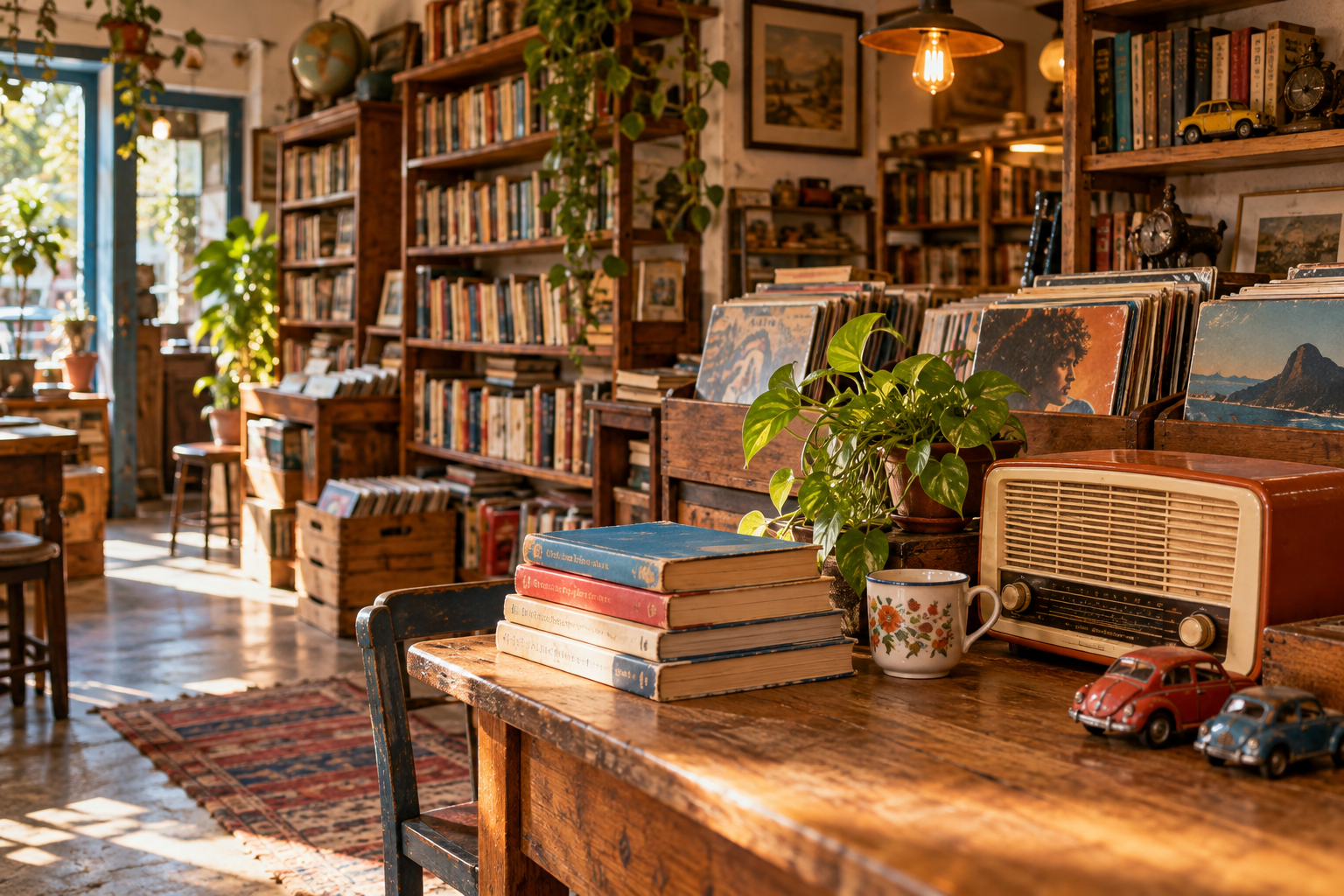 Nosso sebo imaginado, com estantes de livros e objetos antigos